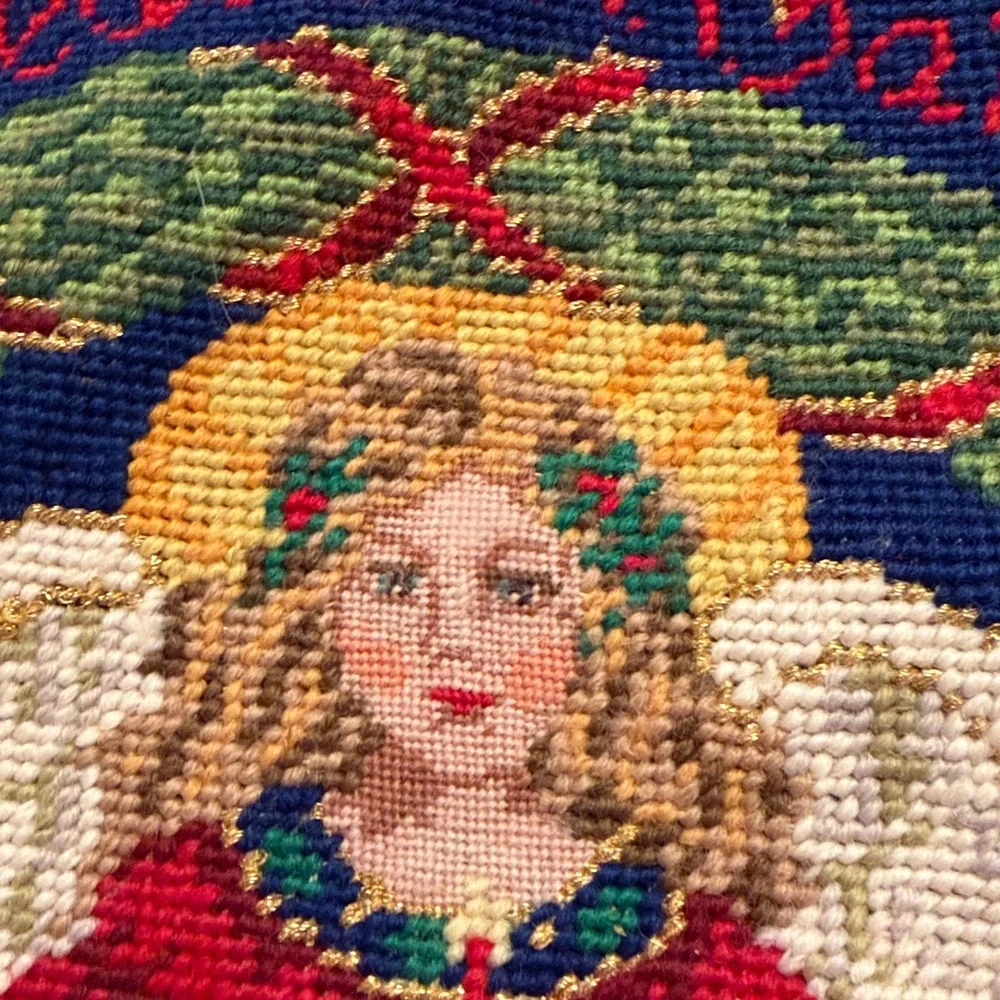 Vintage Needlepoint Peace on Earth Angel 100% Wool & Velvet Christmas Stocking